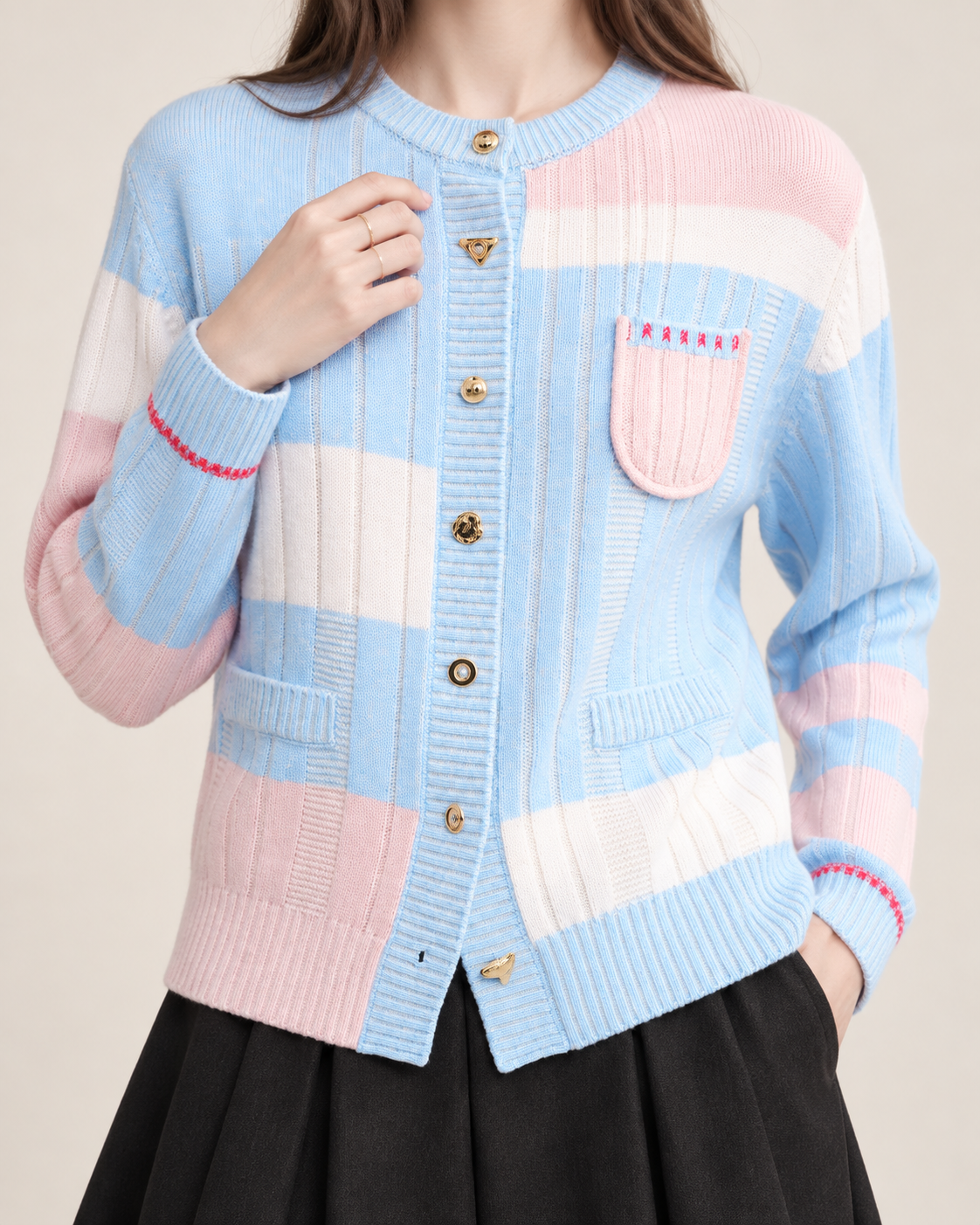 Women's Macaron Colorblock Ribbed Knit Cardigan