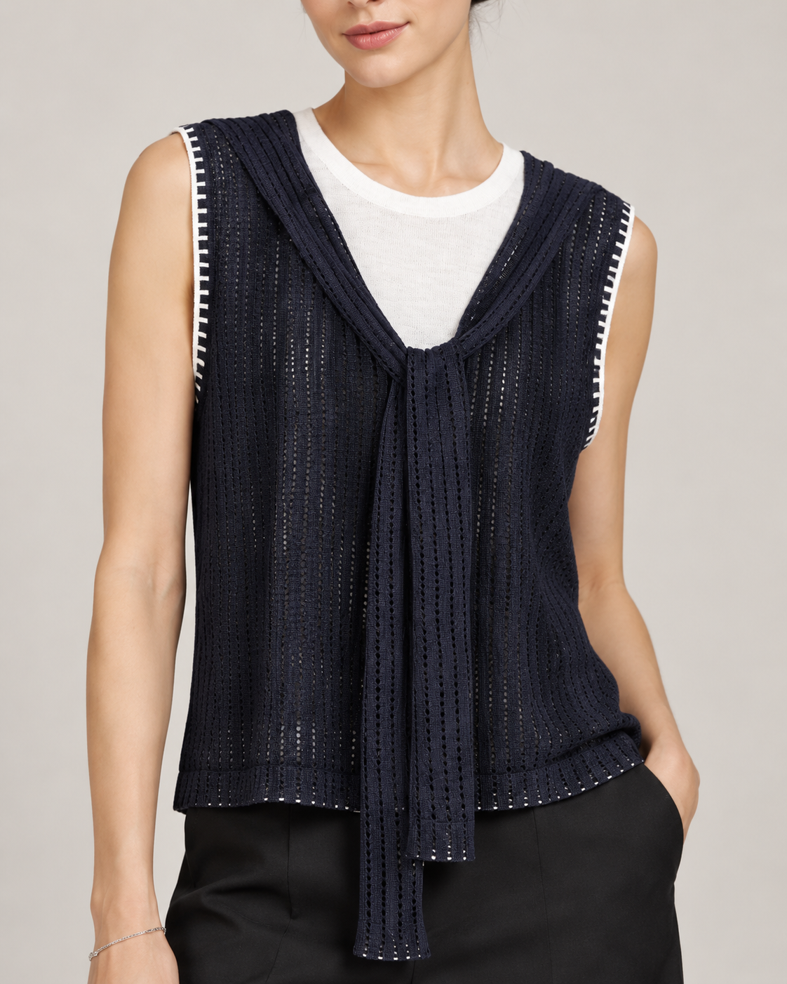 Women's French Colorblock Layered Look Openwork Knit Top