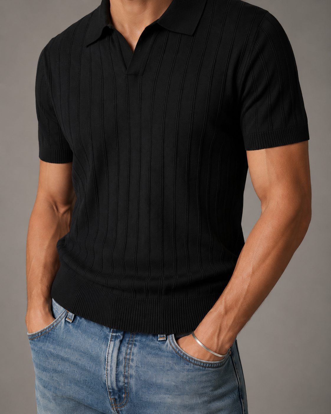 Men’s Ribbed Knit Polo Shirt V-Neck Short Sleeve Top