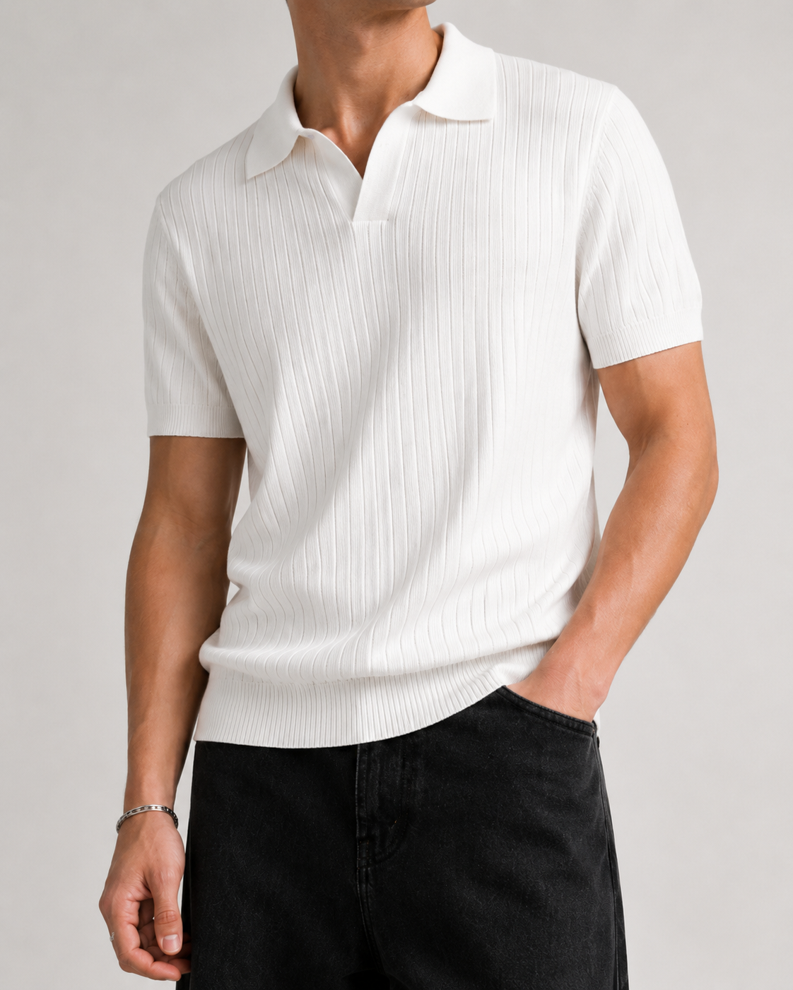 Men's Ribbed Knit Polo Shirt Short Sleeve V-Neck Top