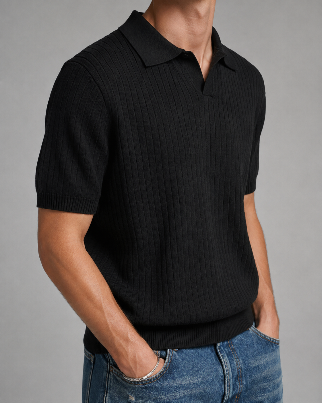 Men's Ribbed Knit Polo Shirt Short Sleeve V-Neck Top