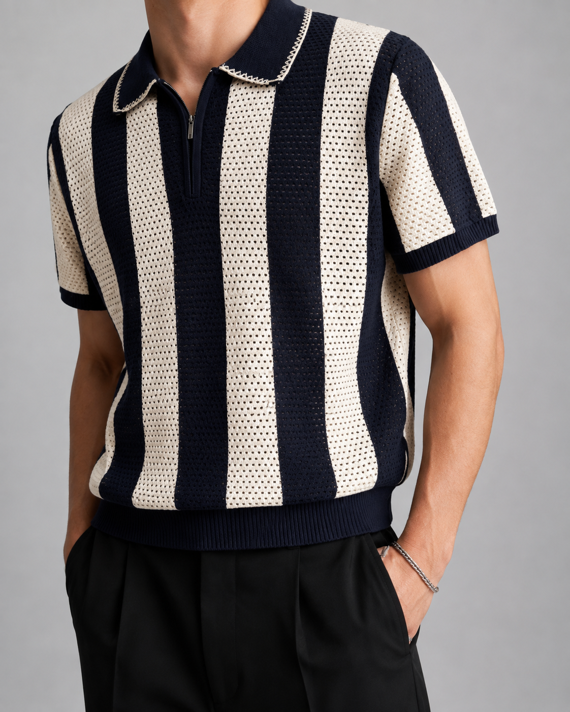 Men’s Cooling Knit Polo Shirt Striped Zip Short Sleeve Top
