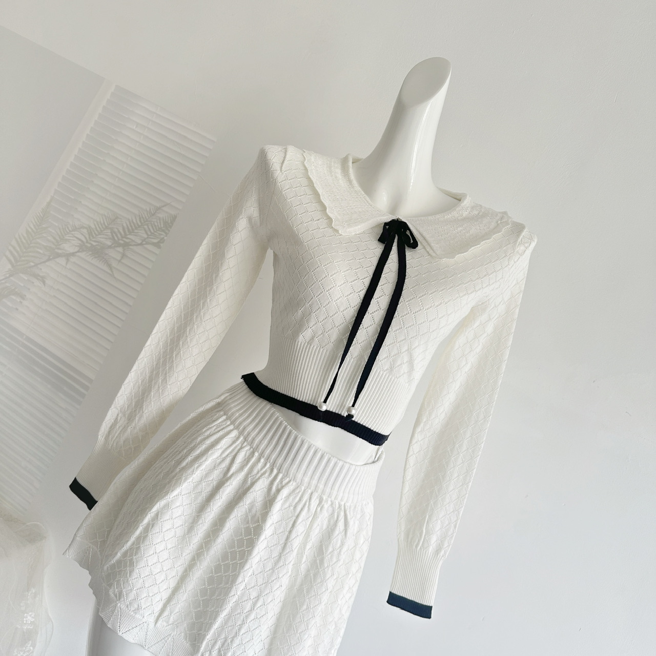 Women’s Black and White Openwork Knit Two-Piece Set