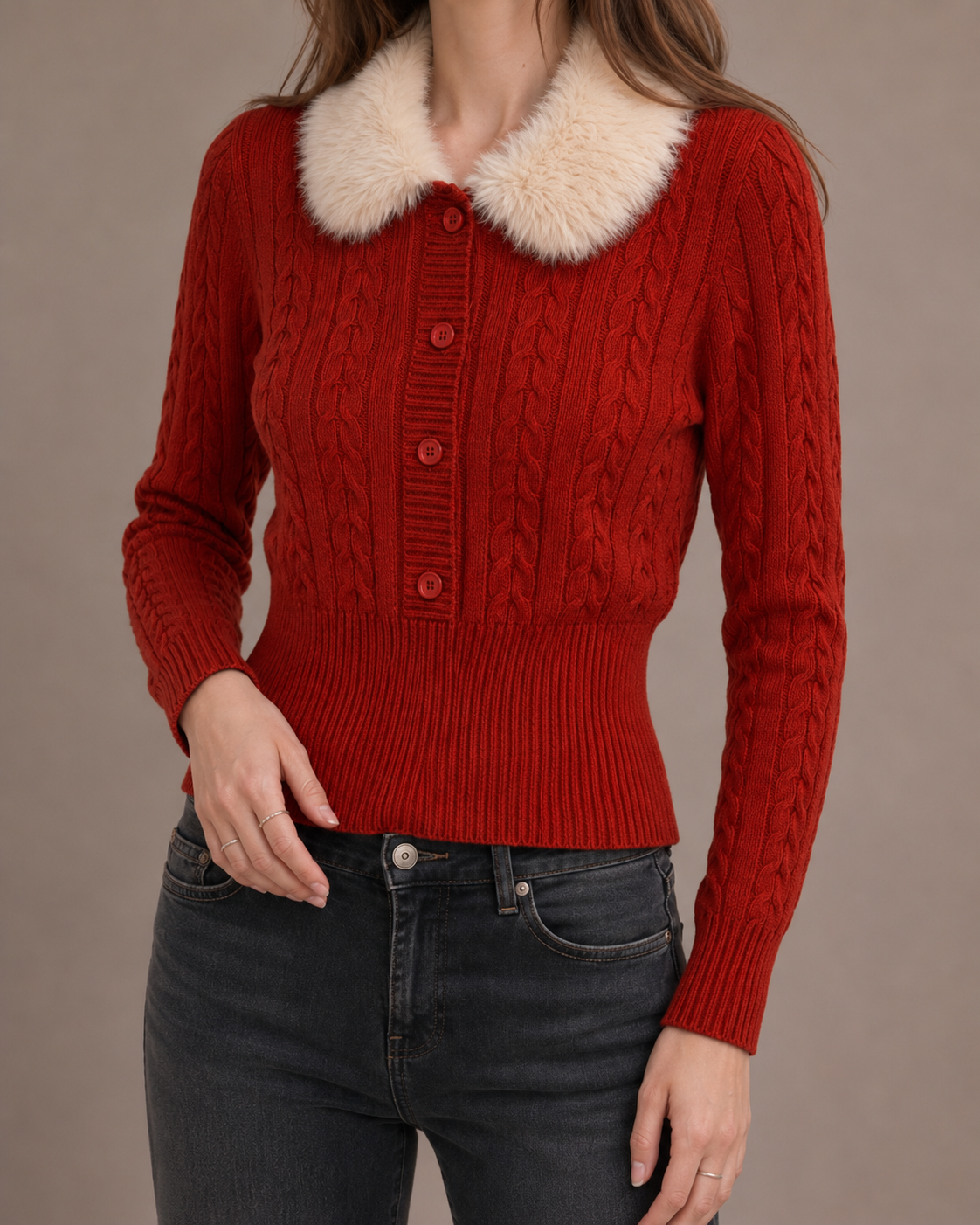 Women’s Vintage Cable Knit Sweater Fur Collar Slim Fit Cropped Top