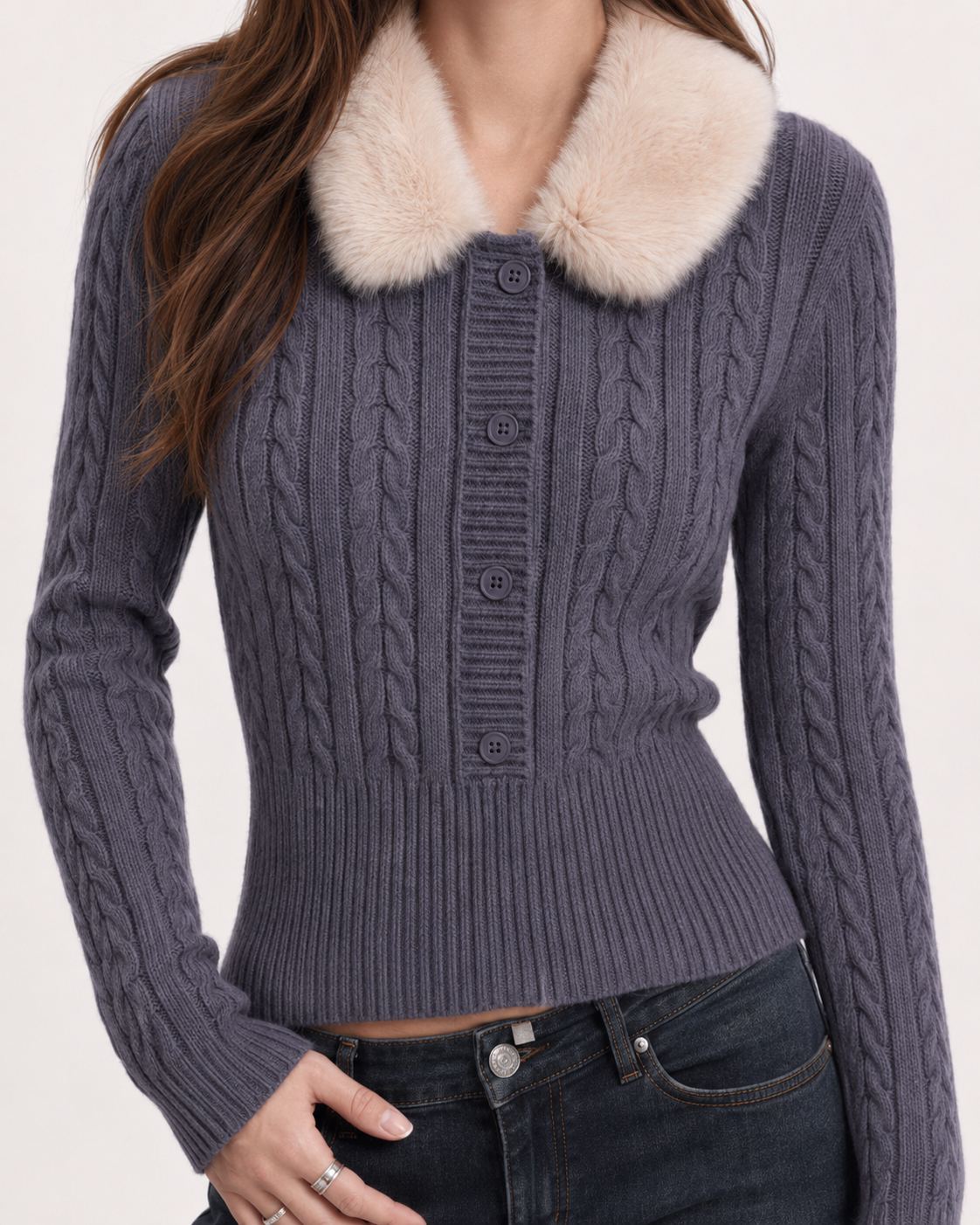 Women’s Vintage Cable Knit Sweater Fur Collar Slim Fit Cropped Top