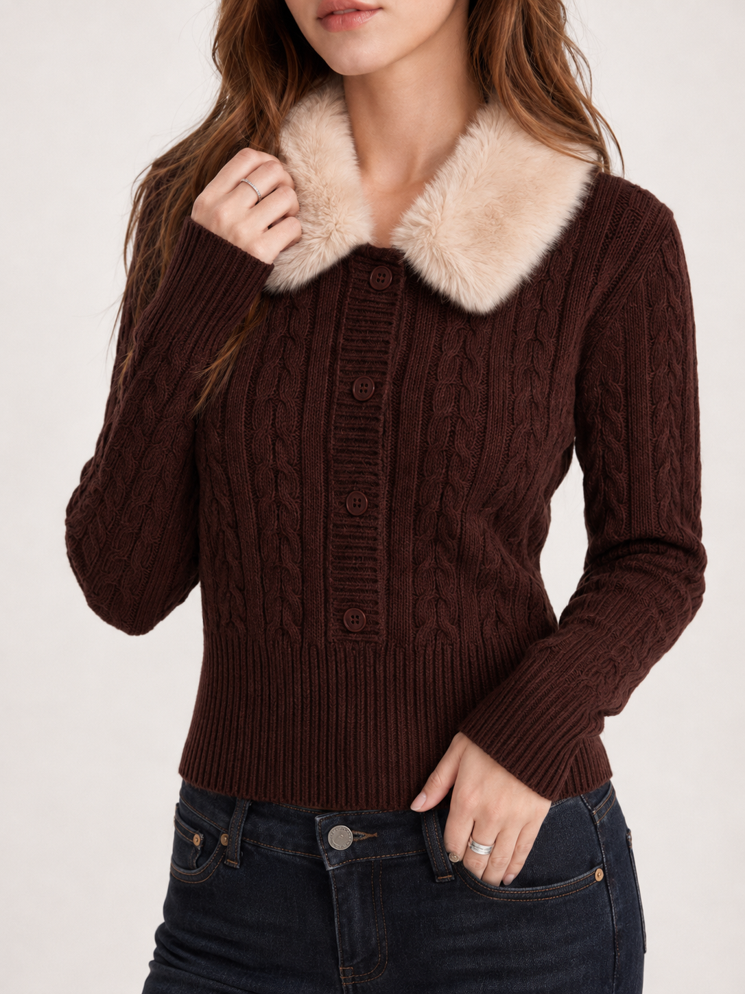 Women’s Vintage Cable Knit Sweater Fur Collar Slim Fit Cropped Top