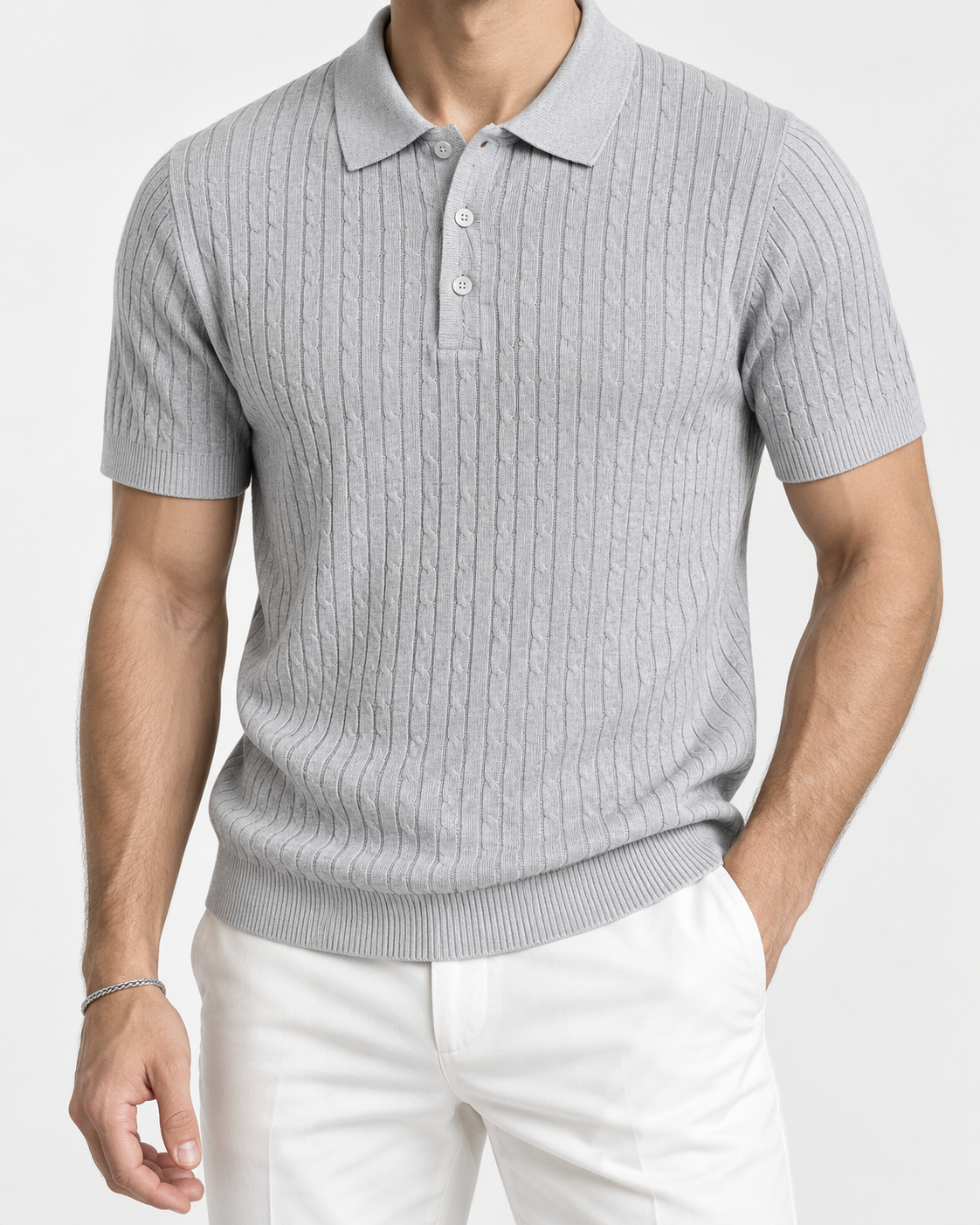 Men’s Old-Money Style Cool-Touch Cable-Knit Polo Shirt