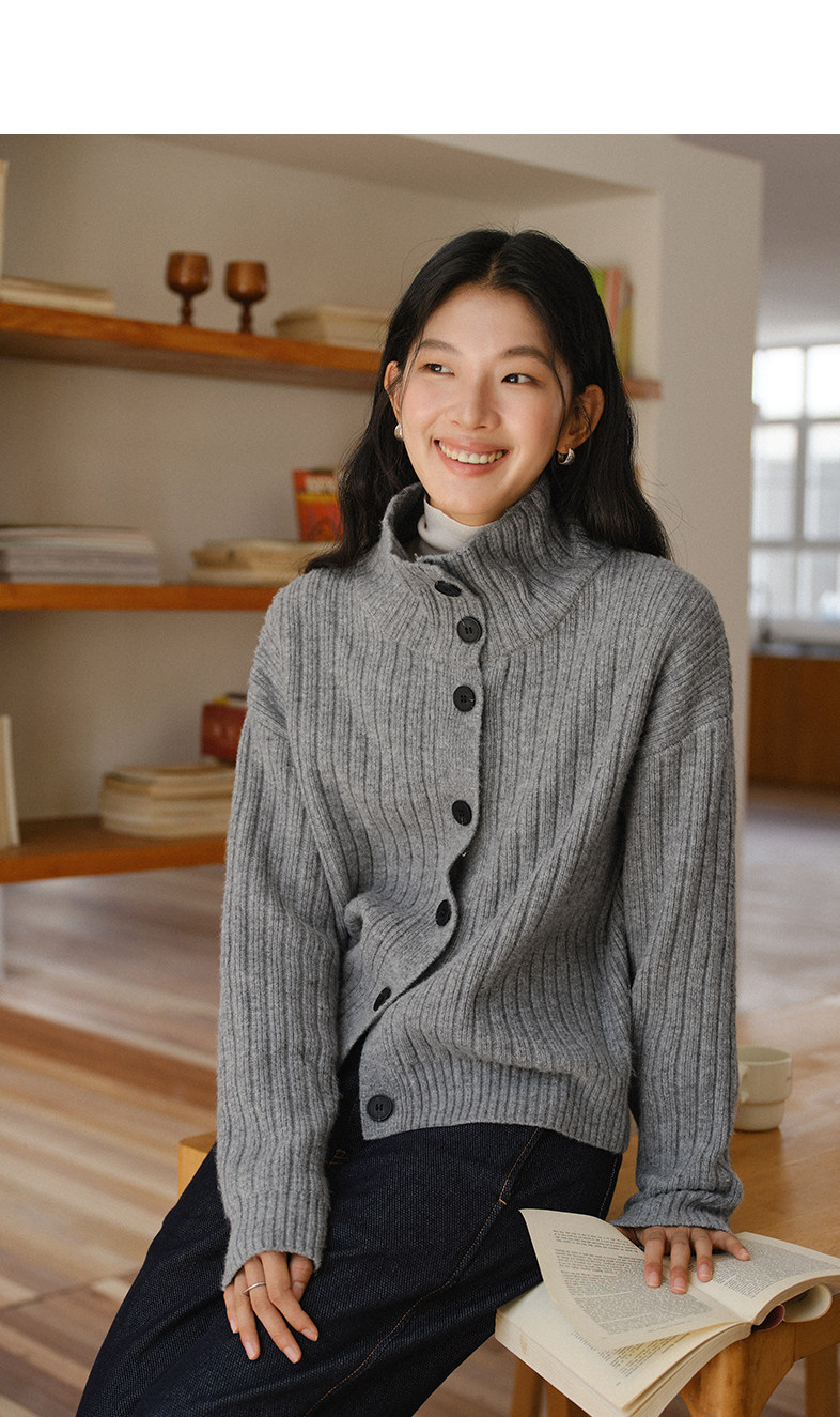 Women's French Ribbed Turtleneck Button Cardigan