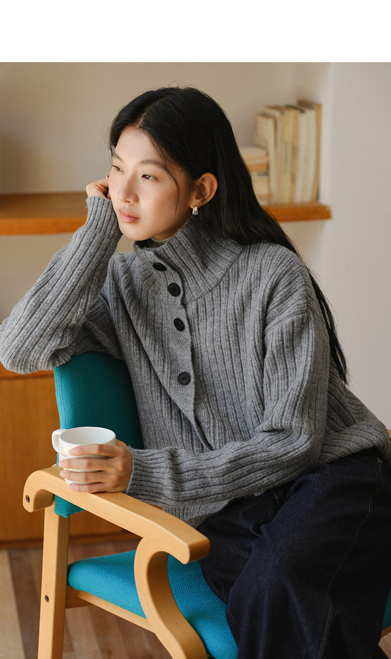 Women's French Ribbed Turtleneck Button Cardigan