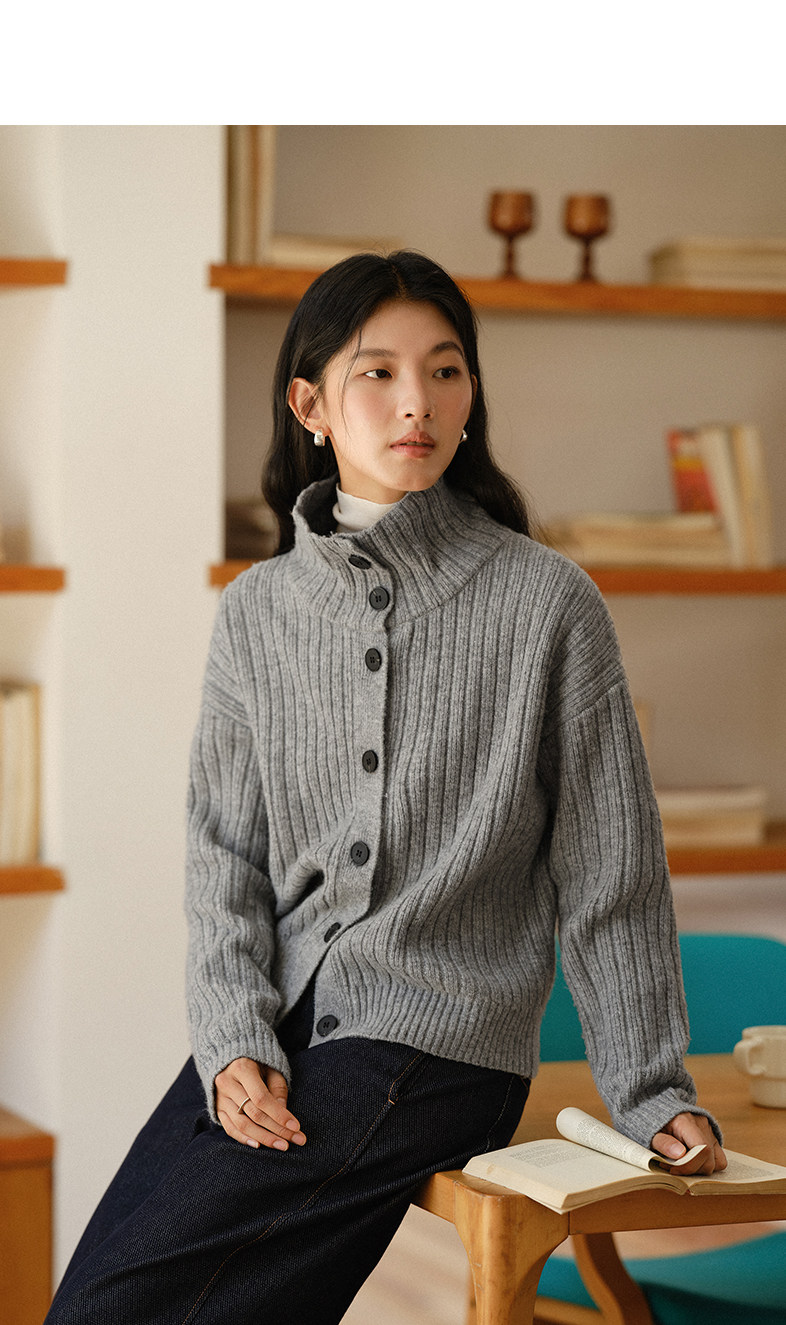 Women's French Ribbed Turtleneck Button Cardigan