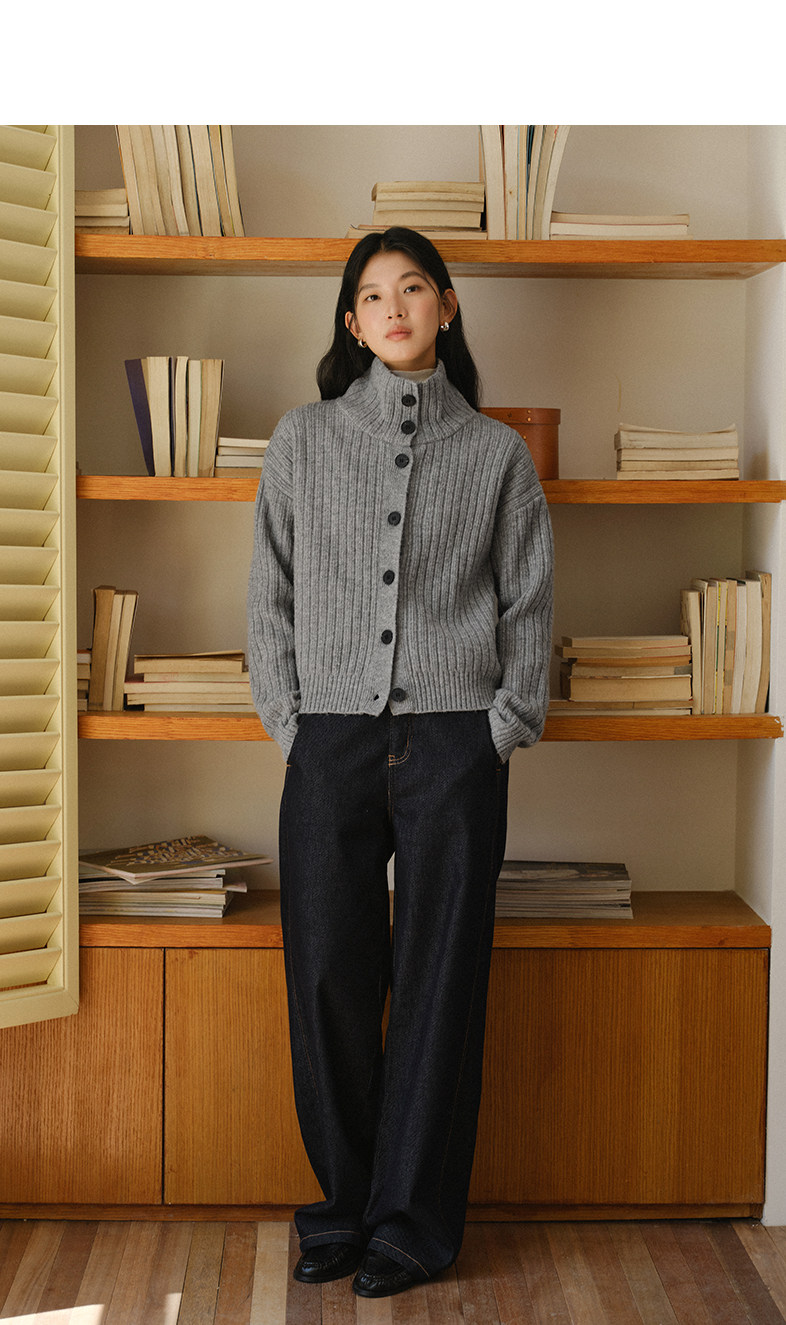 Women's French Ribbed Turtleneck Button Cardigan