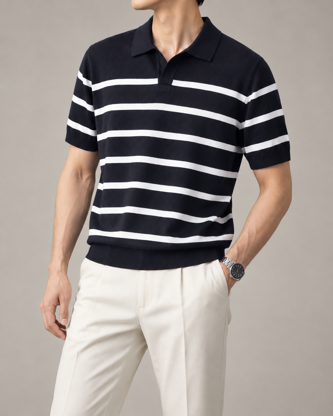 Men's Cooling Horizontal Stripe Knit Short Sleeve Shirt