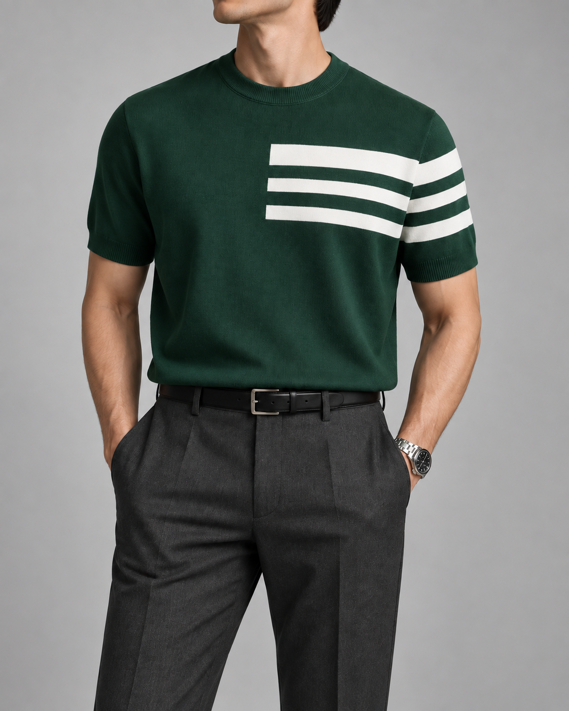 Men's Cooling Stripe Jacquard Knit Short Sleeve Shirt