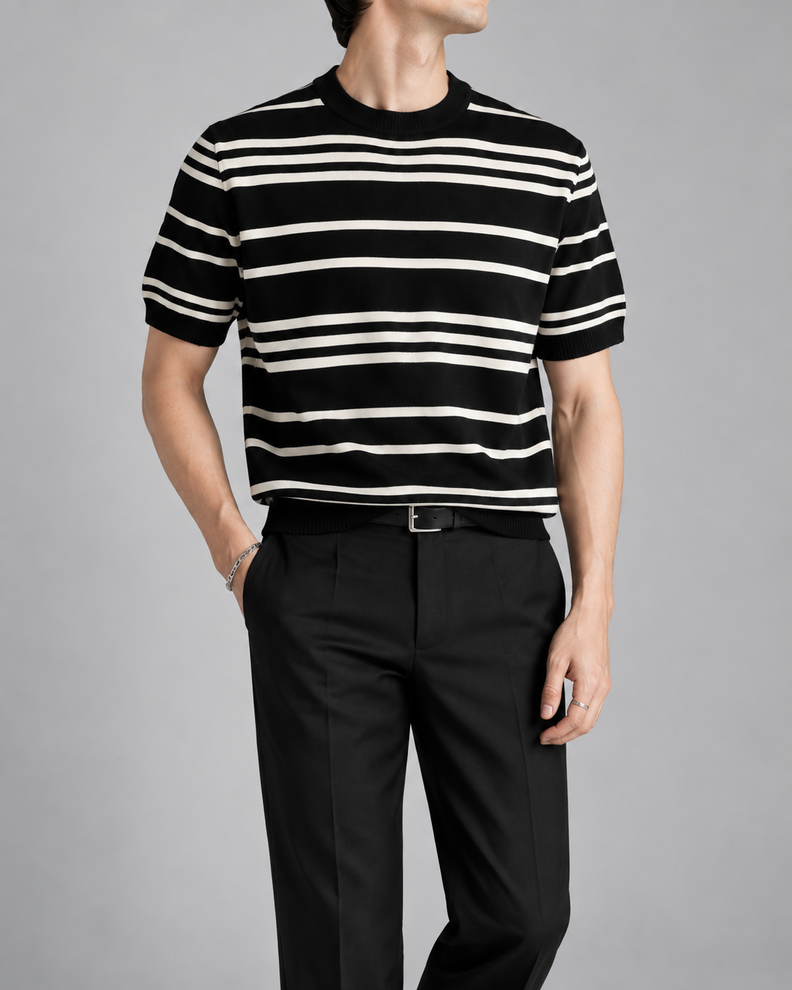 Men's Cooling Stripe Jacquard Knit Crew Neck Shirt