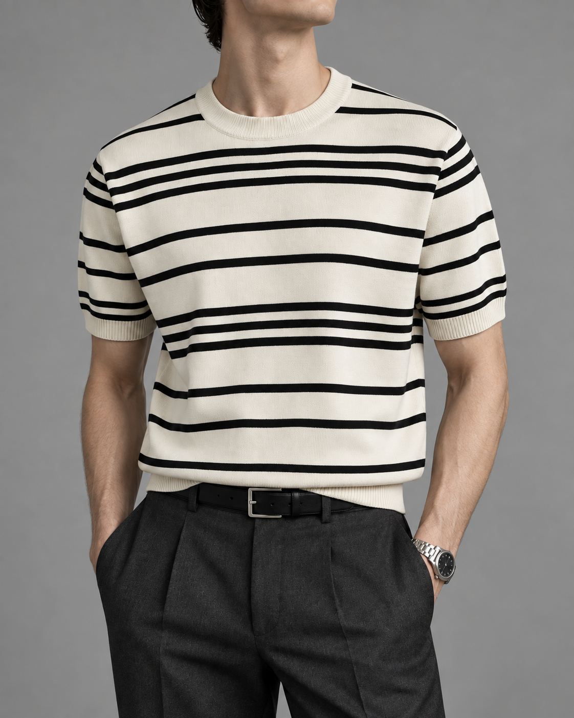 Men's Cooling Stripe Jacquard Knit Crew Neck Shirt
