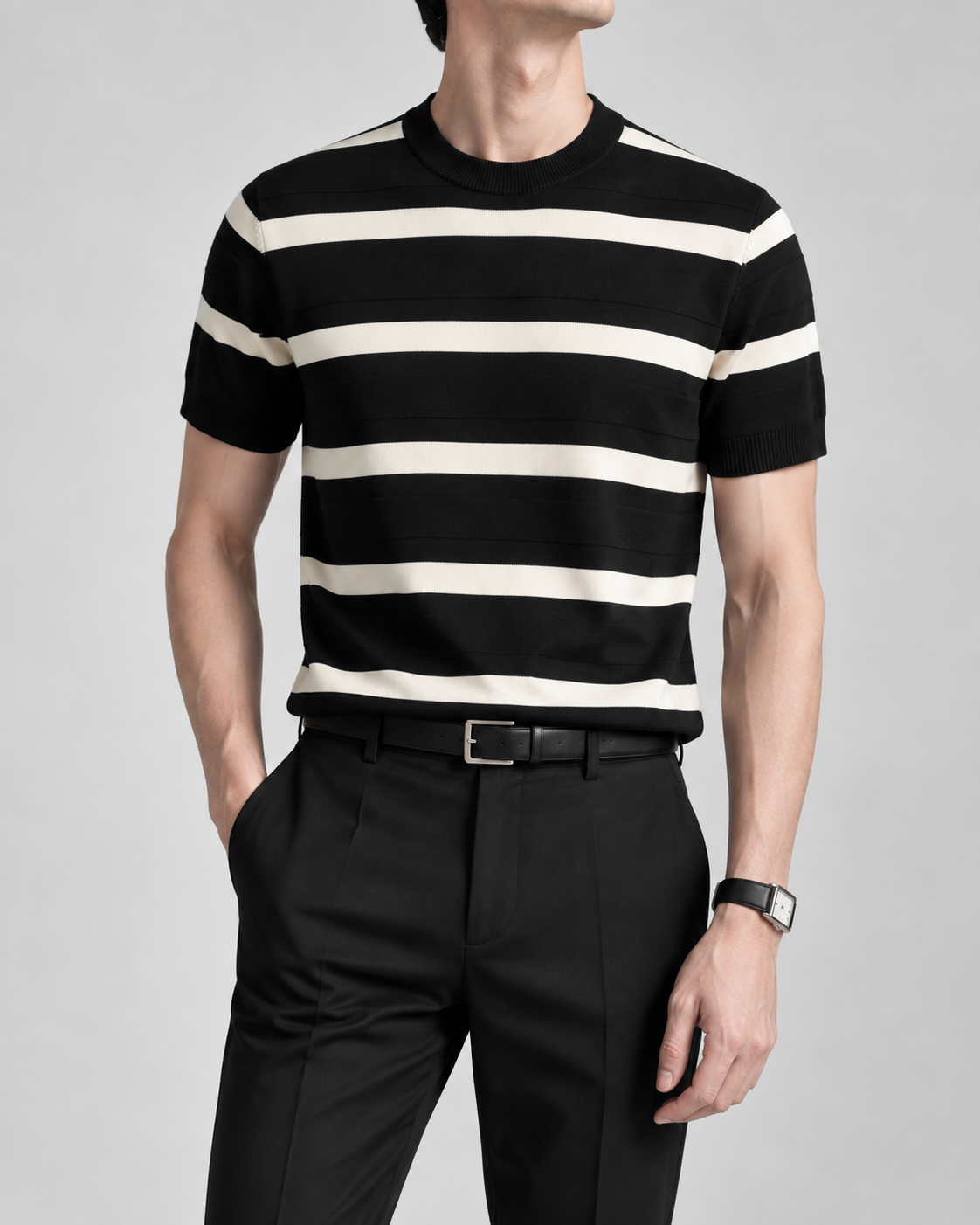 Men's Cooling Striped Knit Crew Neck Shirt