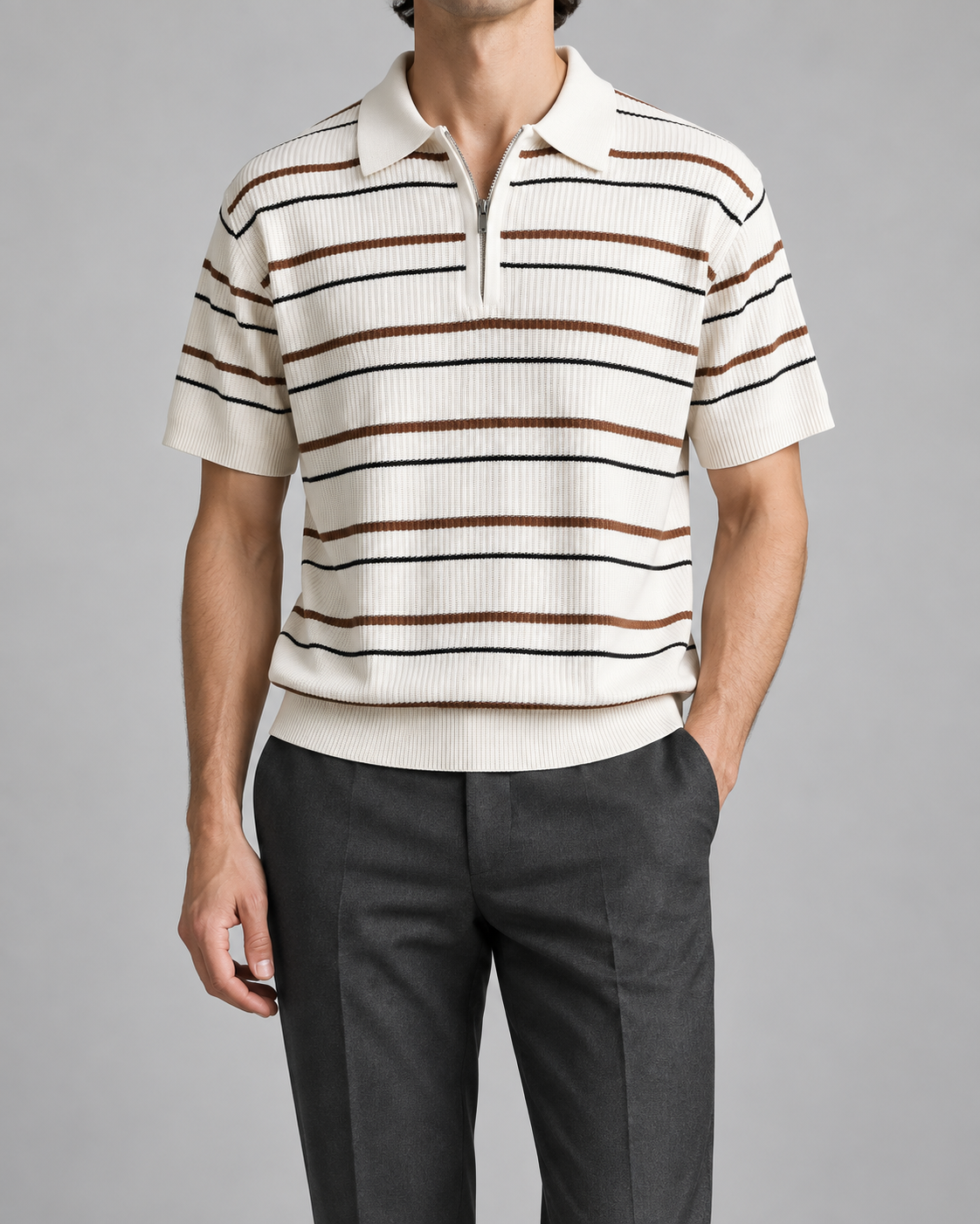 Men's Cooling Ribbed Stripe Half Zip Knit Polo