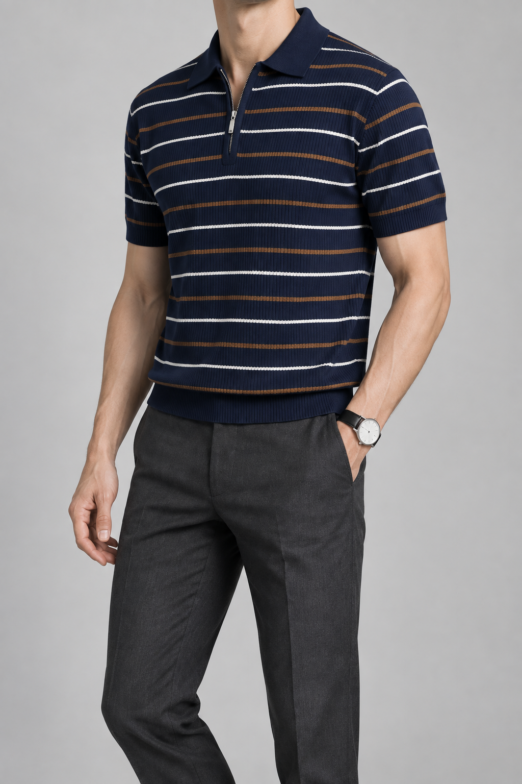 Men's Cooling Ribbed Stripe Half Zip Knit Polo