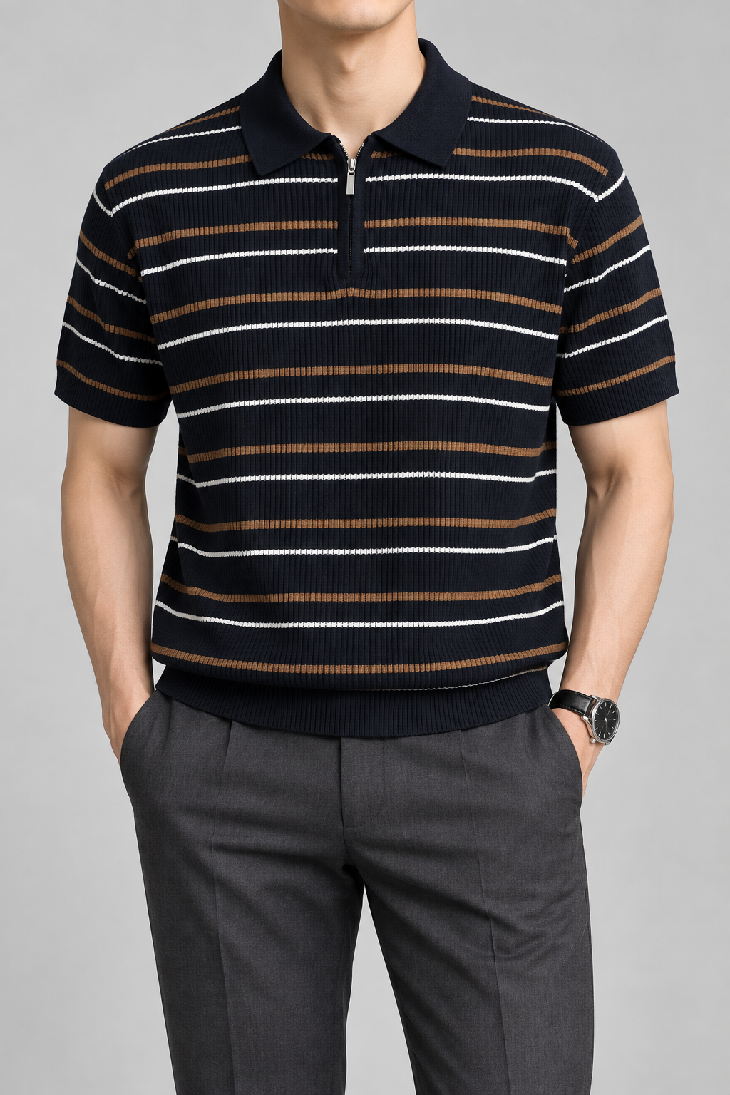 Men's Cooling Ribbed Stripe Half Zip Knit Polo