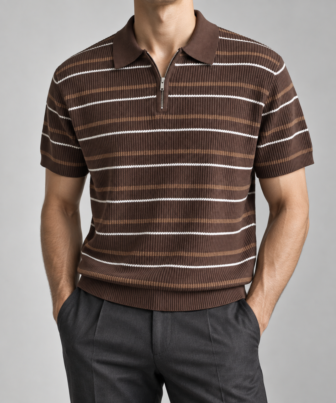 Men's Cooling Ribbed Stripe Half Zip Knit Polo