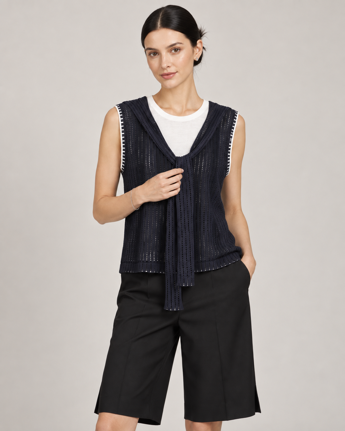 Women's French Colorblock Layered Look Openwork Knit Top