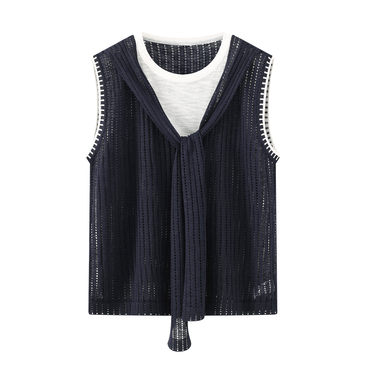Women's French Colorblock Layered Look Openwork Knit Top
