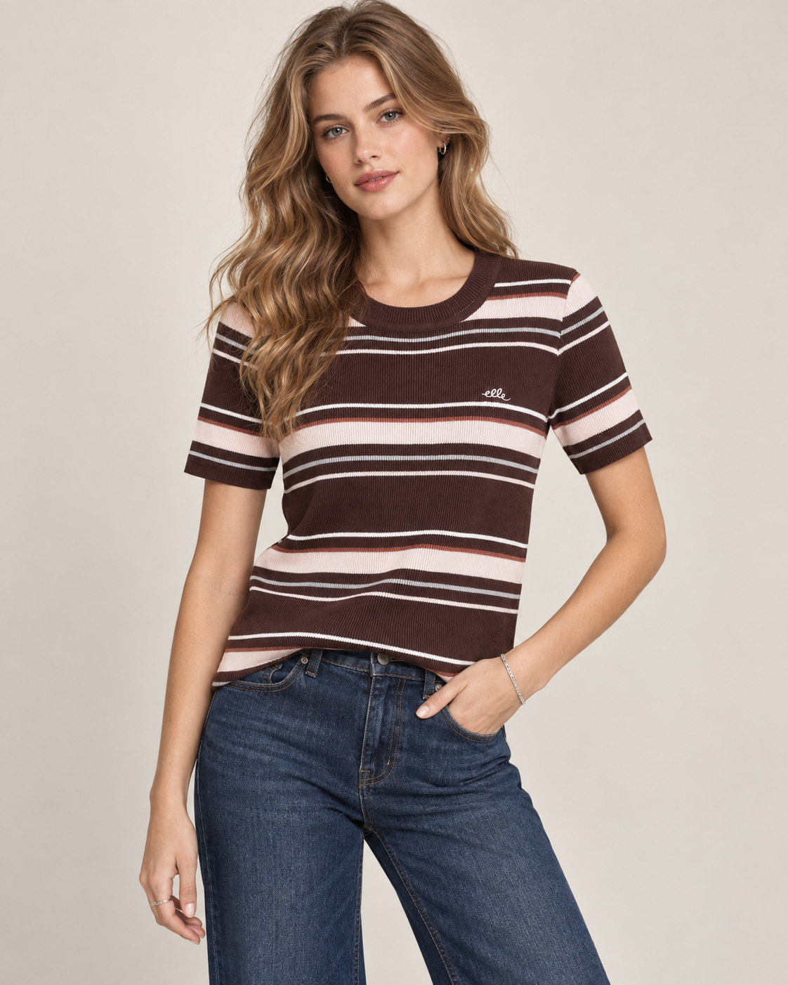 Women's Retro Contrast Stripe Knit T-Shirt Top