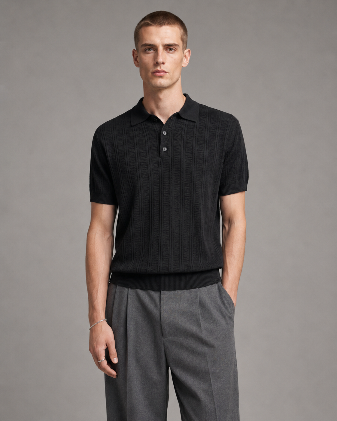 Men’s Textured Knit Polo Shirt Short Sleeve
