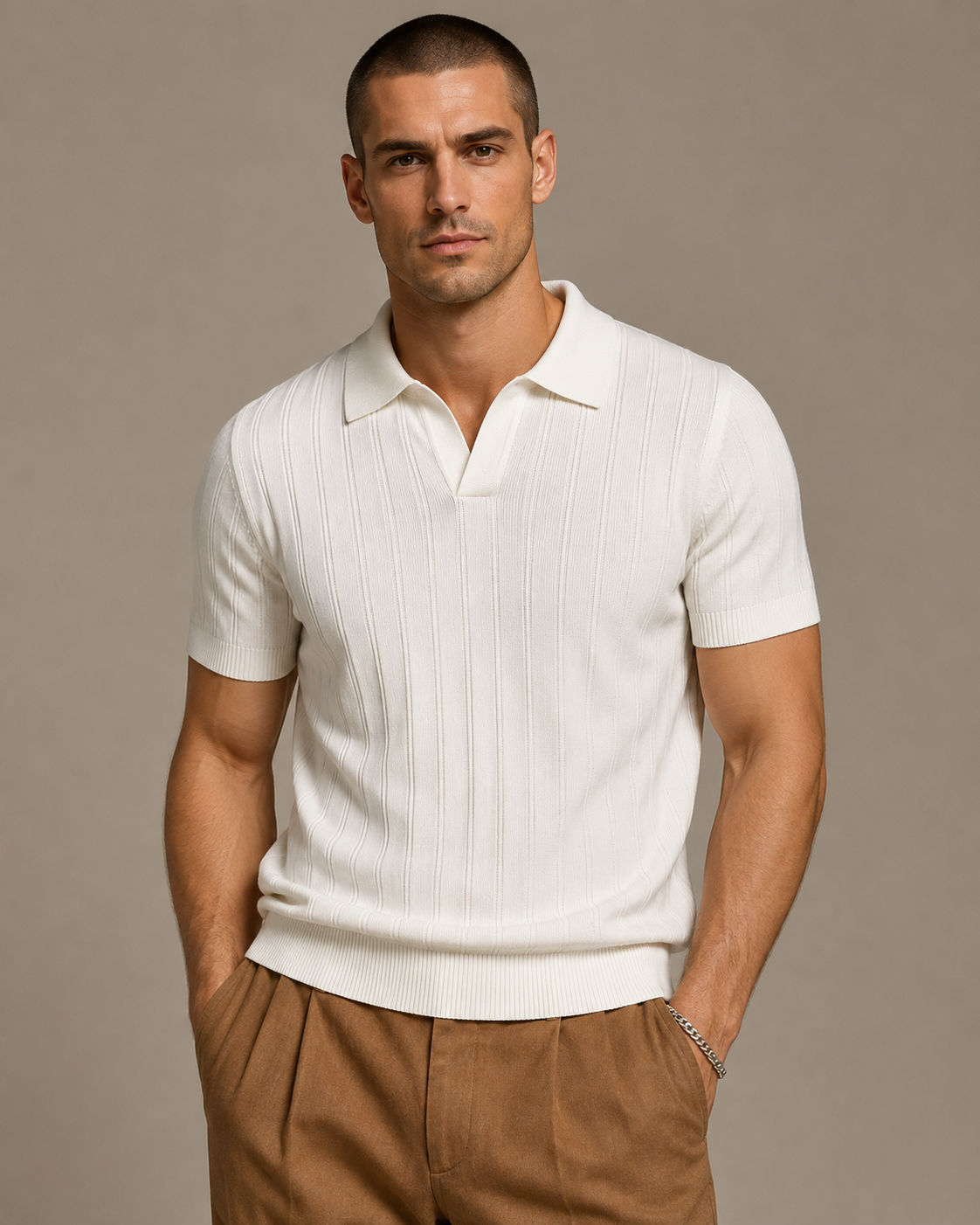 Men’s Ribbed Knit Polo Shirt V-Neck Short Sleeve Top