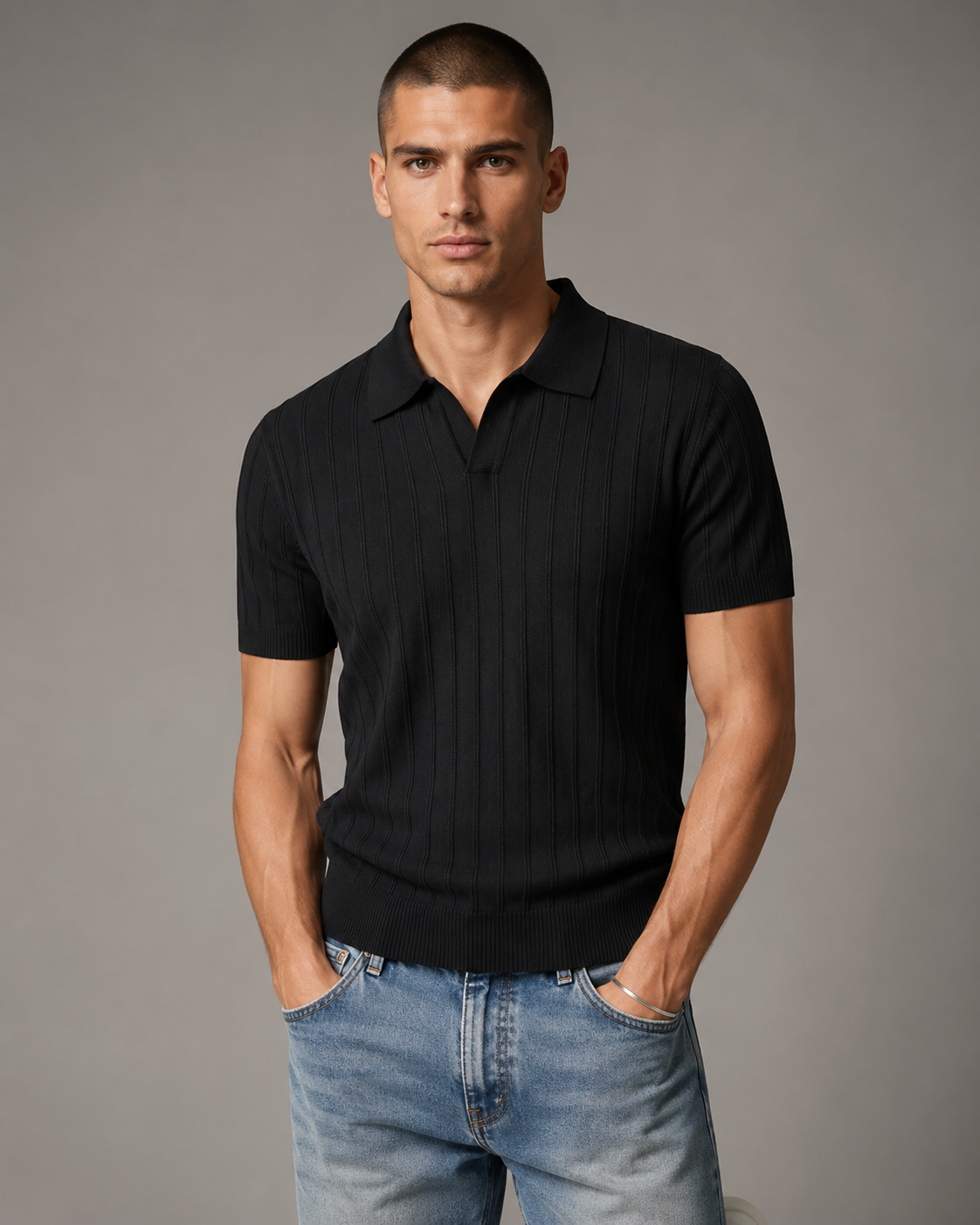 Men’s Ribbed Knit Polo Shirt V-Neck Short Sleeve Top