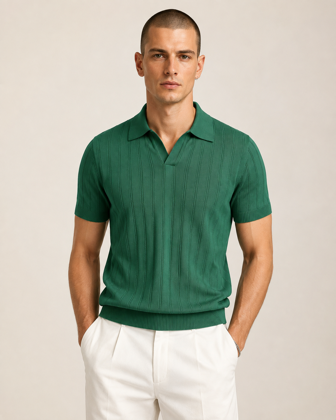 Men’s Ribbed Knit Polo Shirt V-Neck Short Sleeve Top