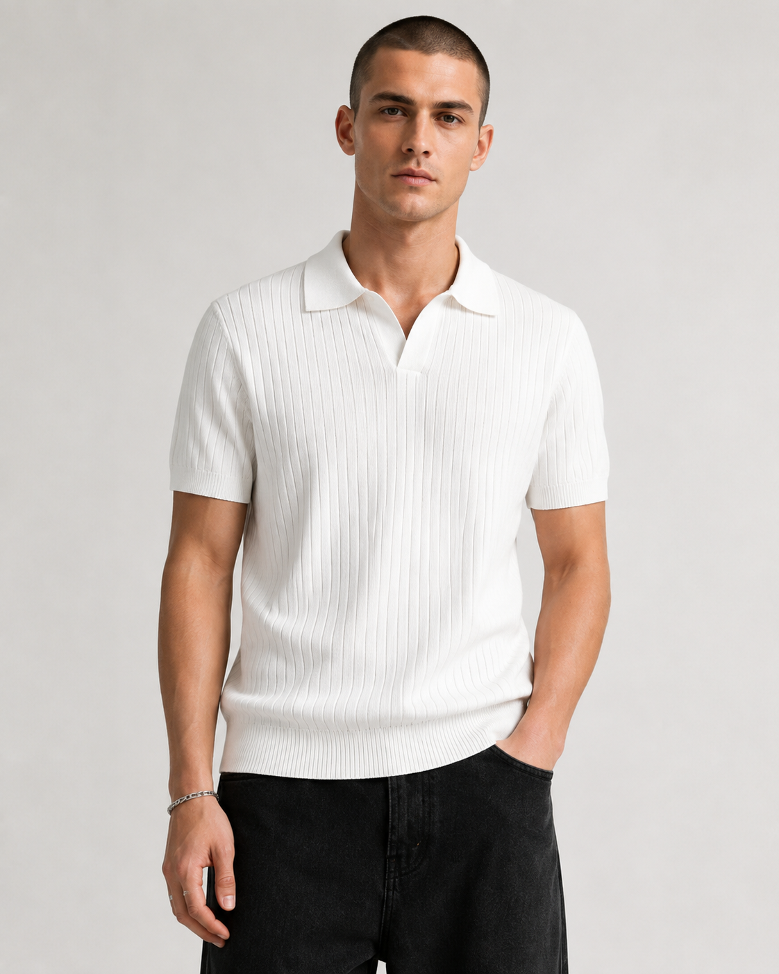 Men's Ribbed Knit Polo Shirt Short Sleeve V-Neck Top