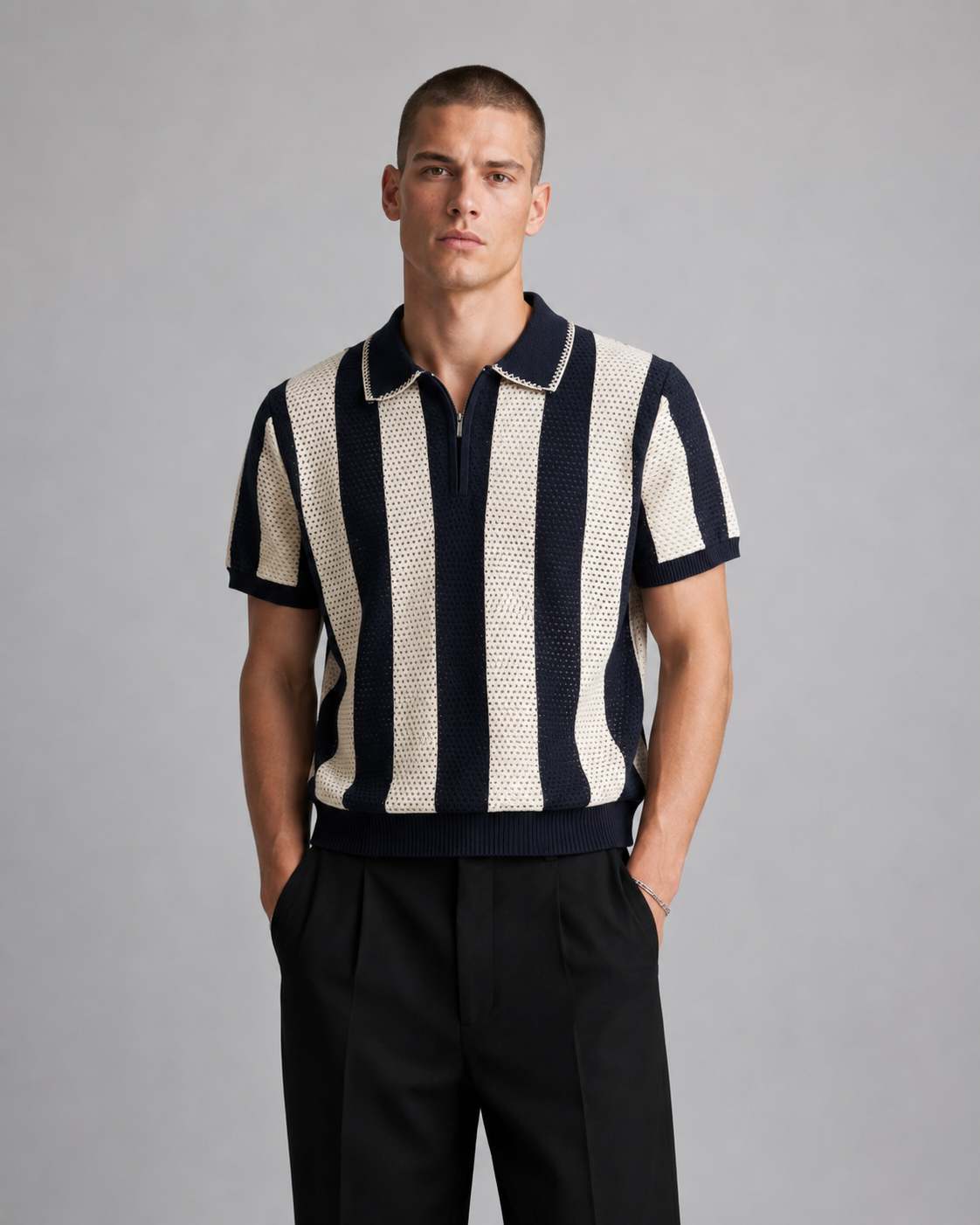 Men’s Cooling Knit Polo Shirt Striped Zip Short Sleeve Top