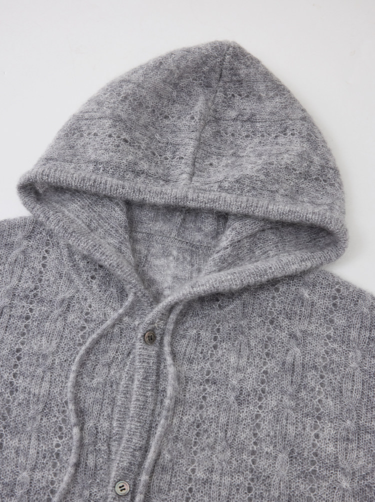 Baby Mohair Hollow Knit Hooded Sweater Cardigan