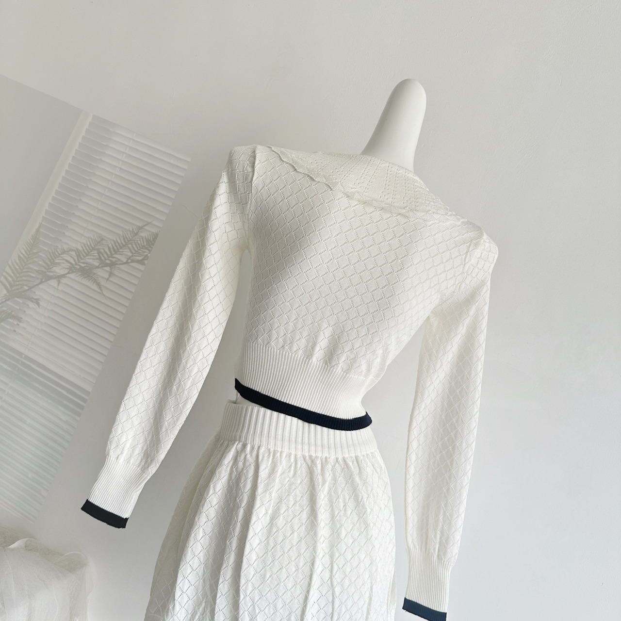 Women’s Black and White Openwork Knit Two-Piece Set