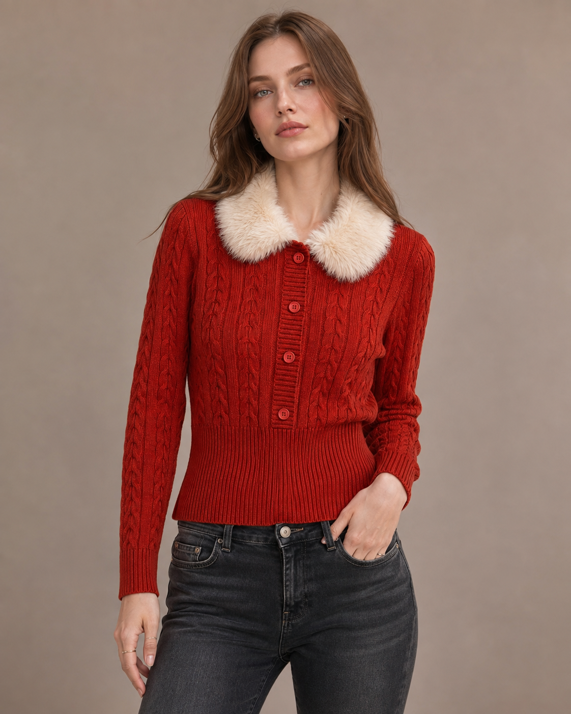 Women’s Vintage Cable Knit Sweater Fur Collar Slim Fit Cropped Top
