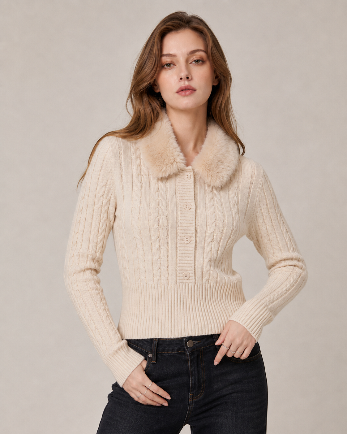 Women’s Vintage Cable Knit Sweater Fur Collar Slim Fit Cropped Top