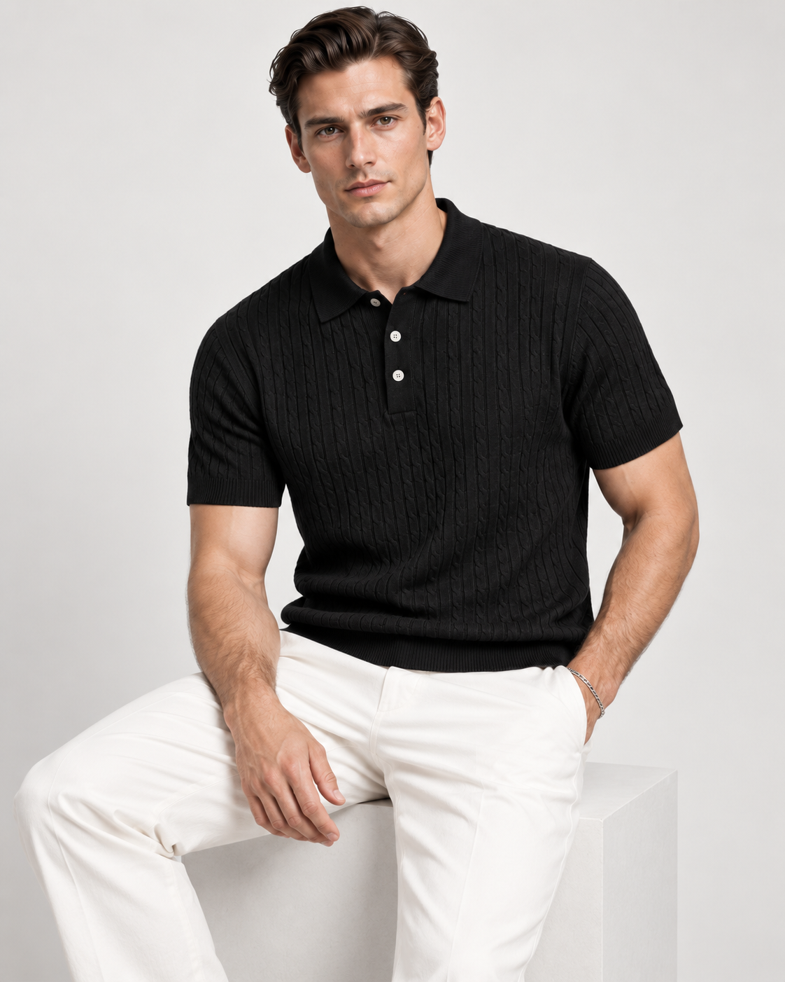 Men’s Old-Money Style Cool-Touch Cable-Knit Polo Shirt