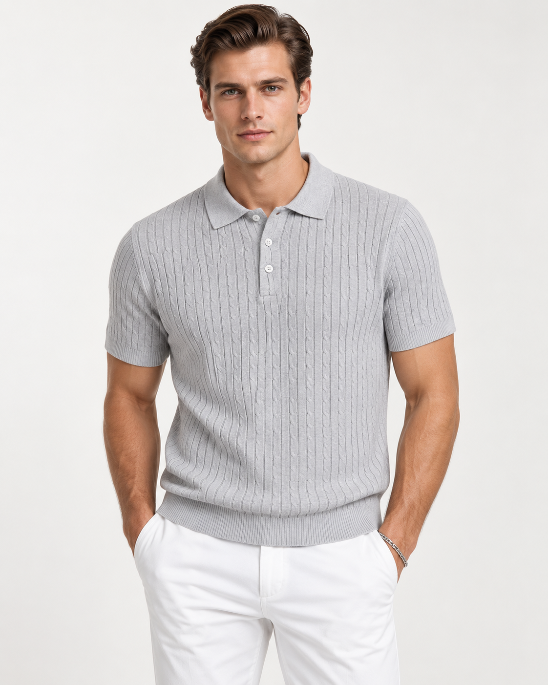 Men’s Old-Money Style Cool-Touch Cable-Knit Polo Shirt