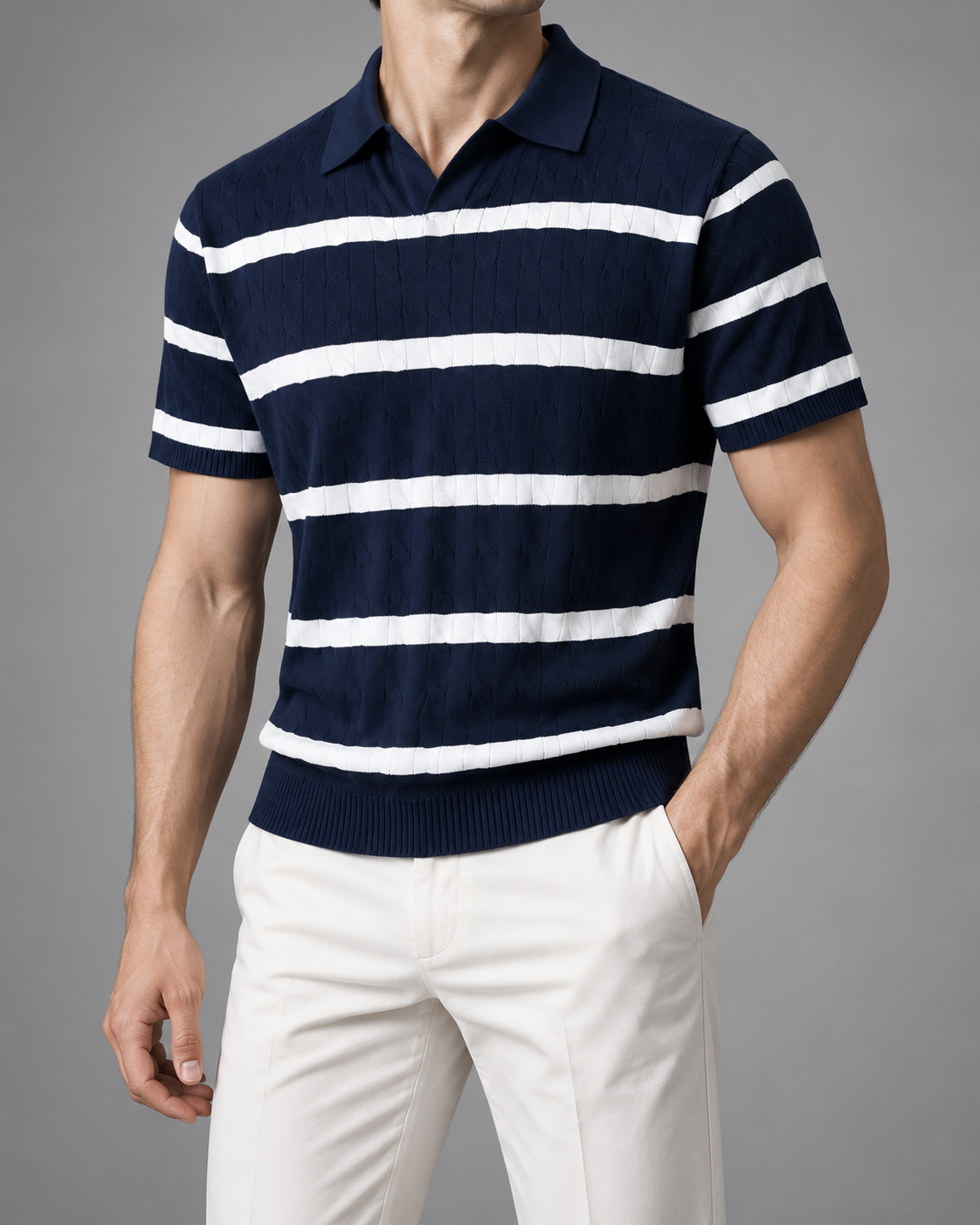 Men’s Old-Money Style Cable-Knit Polo Shirt