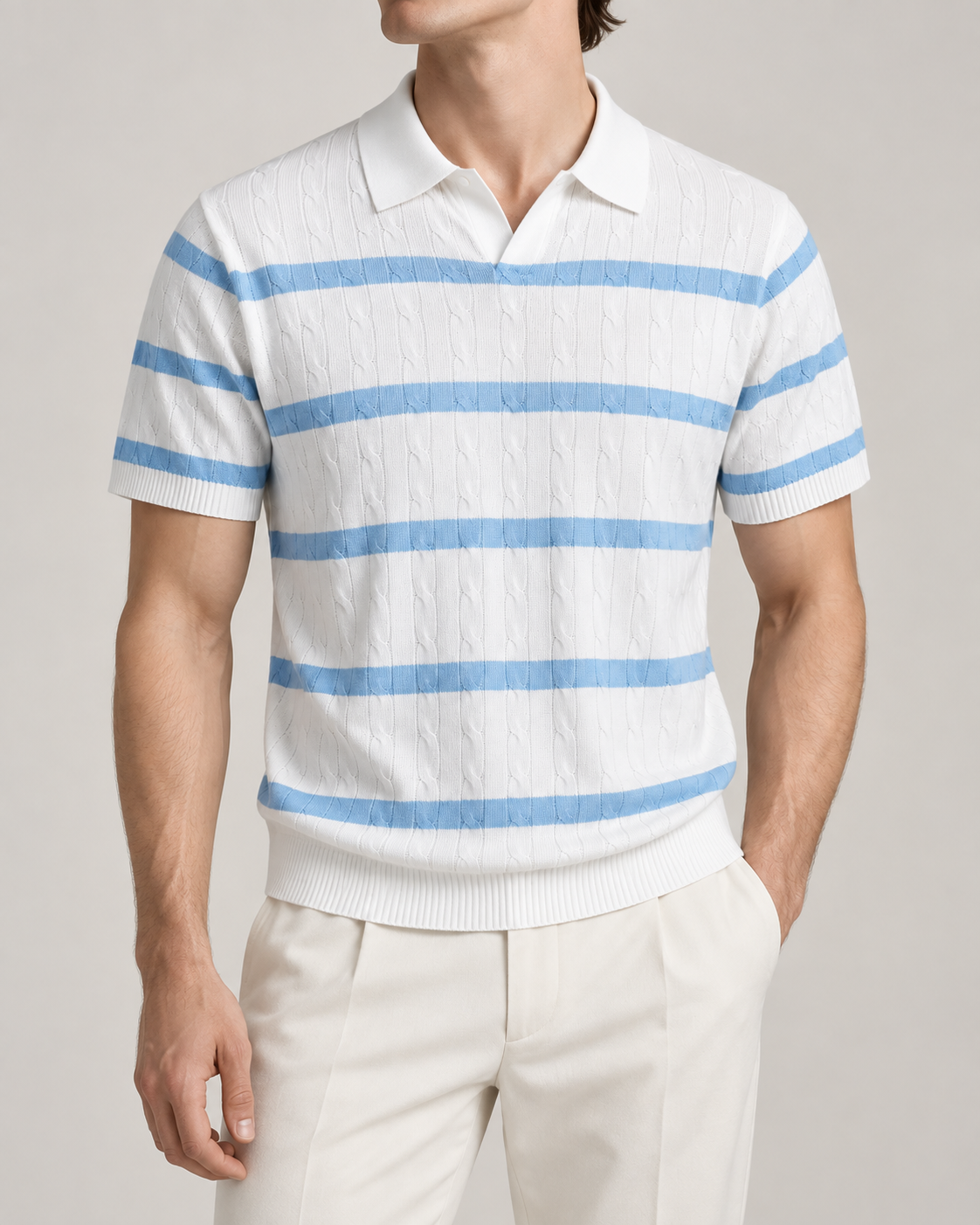 Men’s Old-Money Style Cable-Knit Polo Shirt