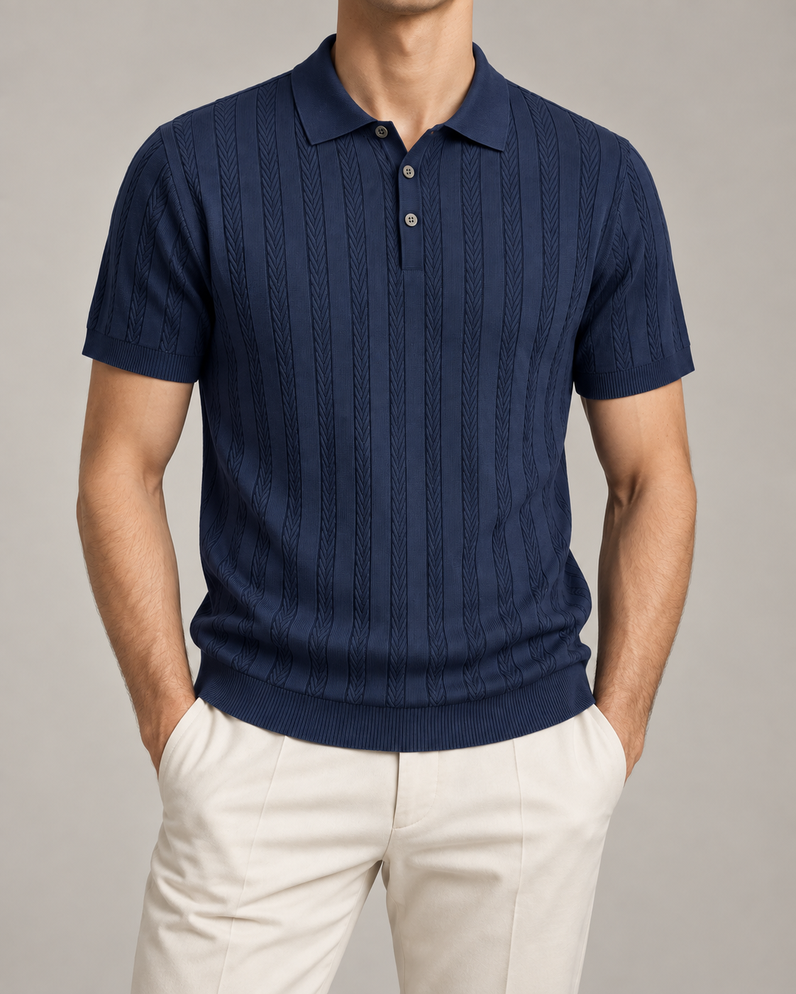 Men’s Old-Money Style Cool-Touch Wheat Cable-Knit Polo