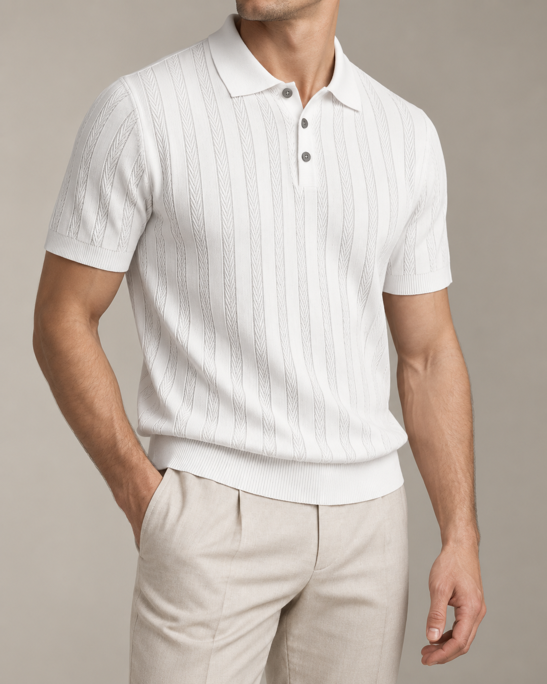 Men’s Old-Money Style Cool-Touch Wheat Cable-Knit Polo