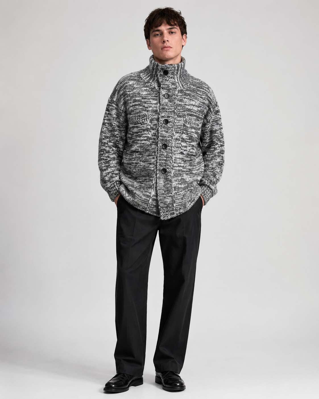 Unisex Wool Blend High Neck Knit Cardigan Sweater Button Front