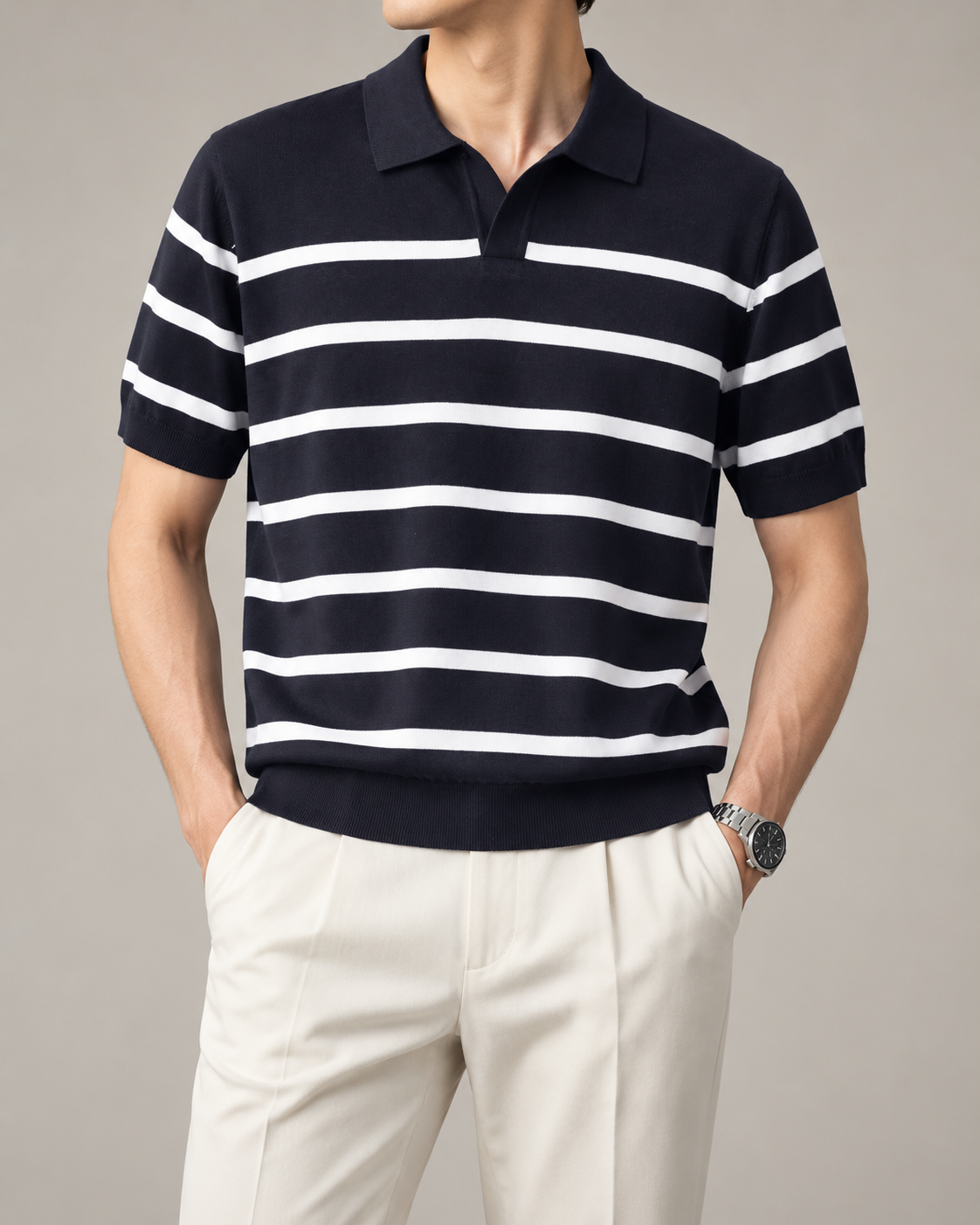 Men's Cooling Horizontal Stripe Knit Short Sleeve Shirt