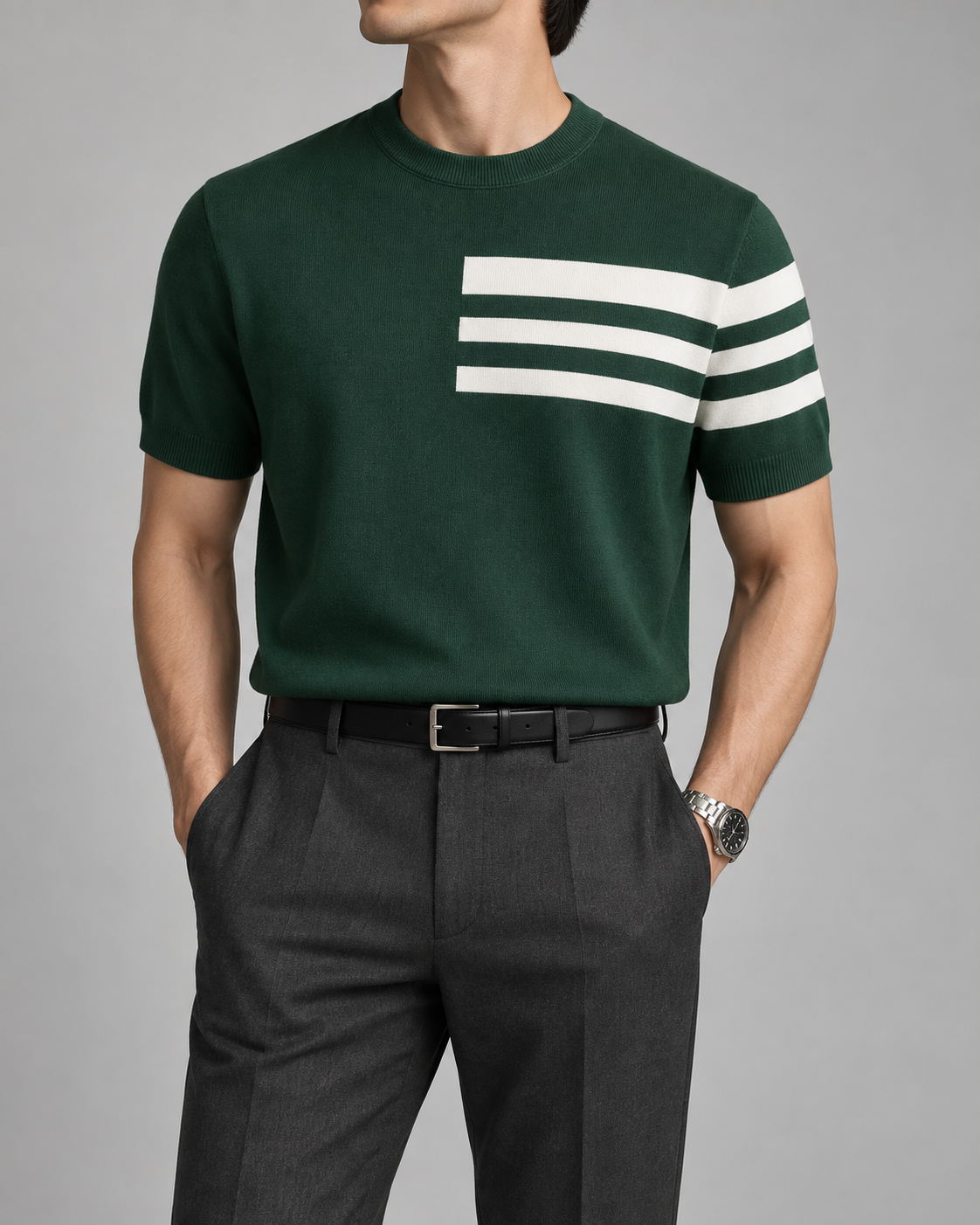 Men's Cooling Stripe Jacquard Knit Short Sleeve Shirt