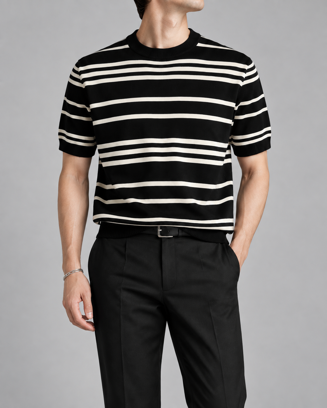 Men's Cooling Stripe Jacquard Knit Crew Neck Shirt