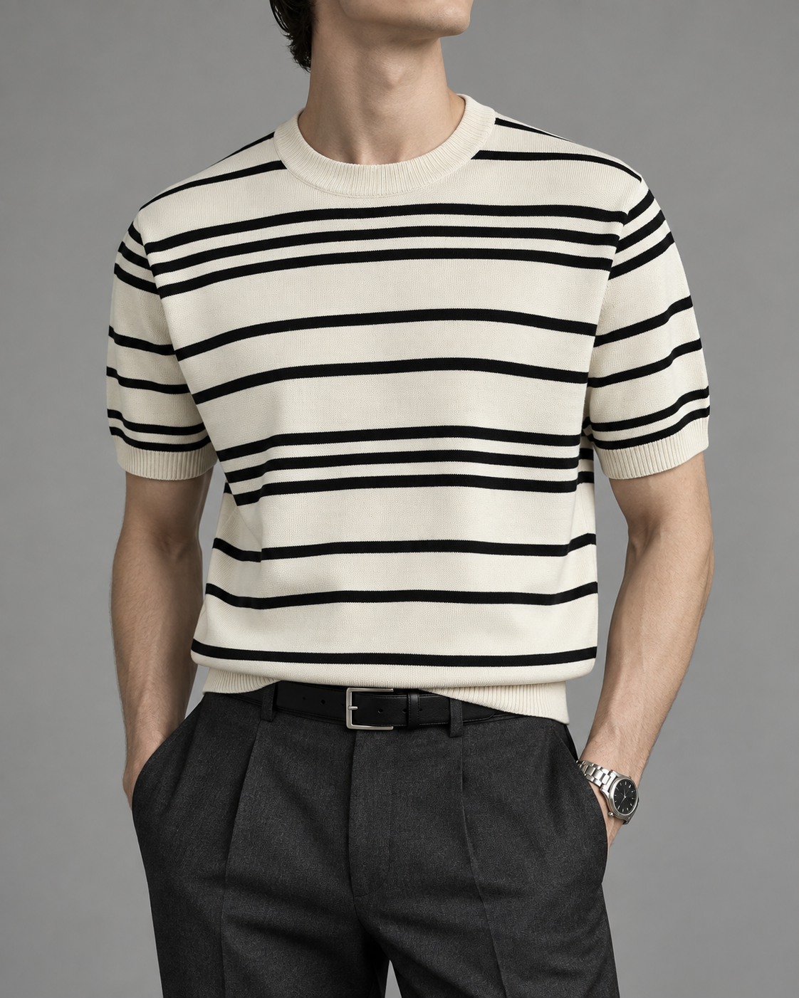 Men's Cooling Stripe Jacquard Knit Crew Neck Shirt