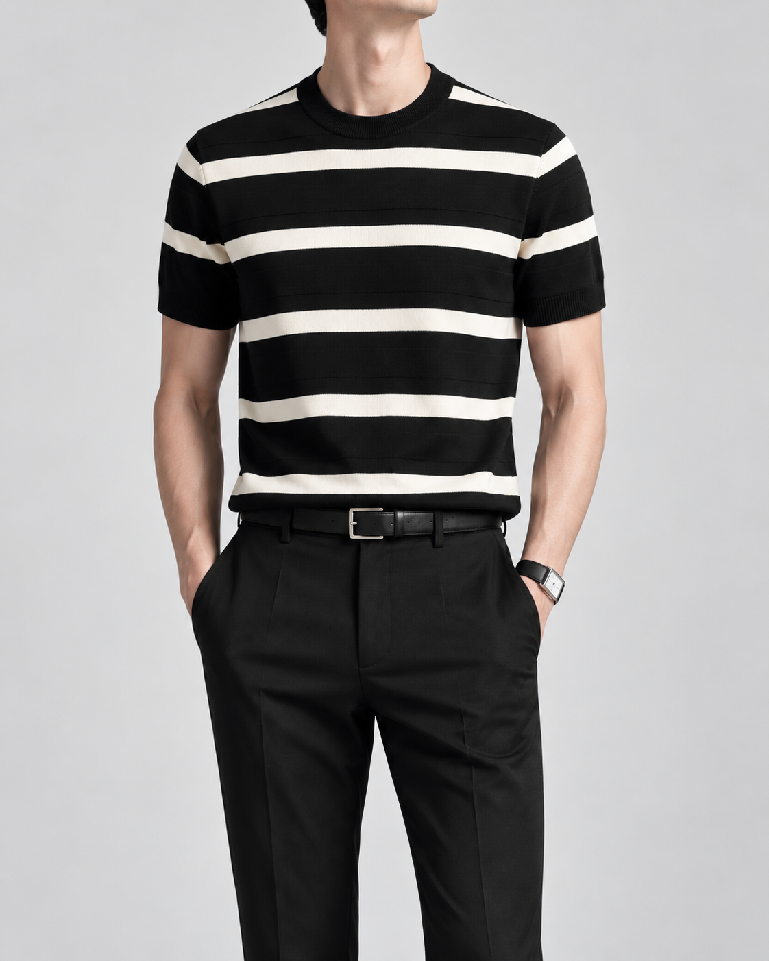 Men's Cooling Striped Knit Crew Neck Shirt