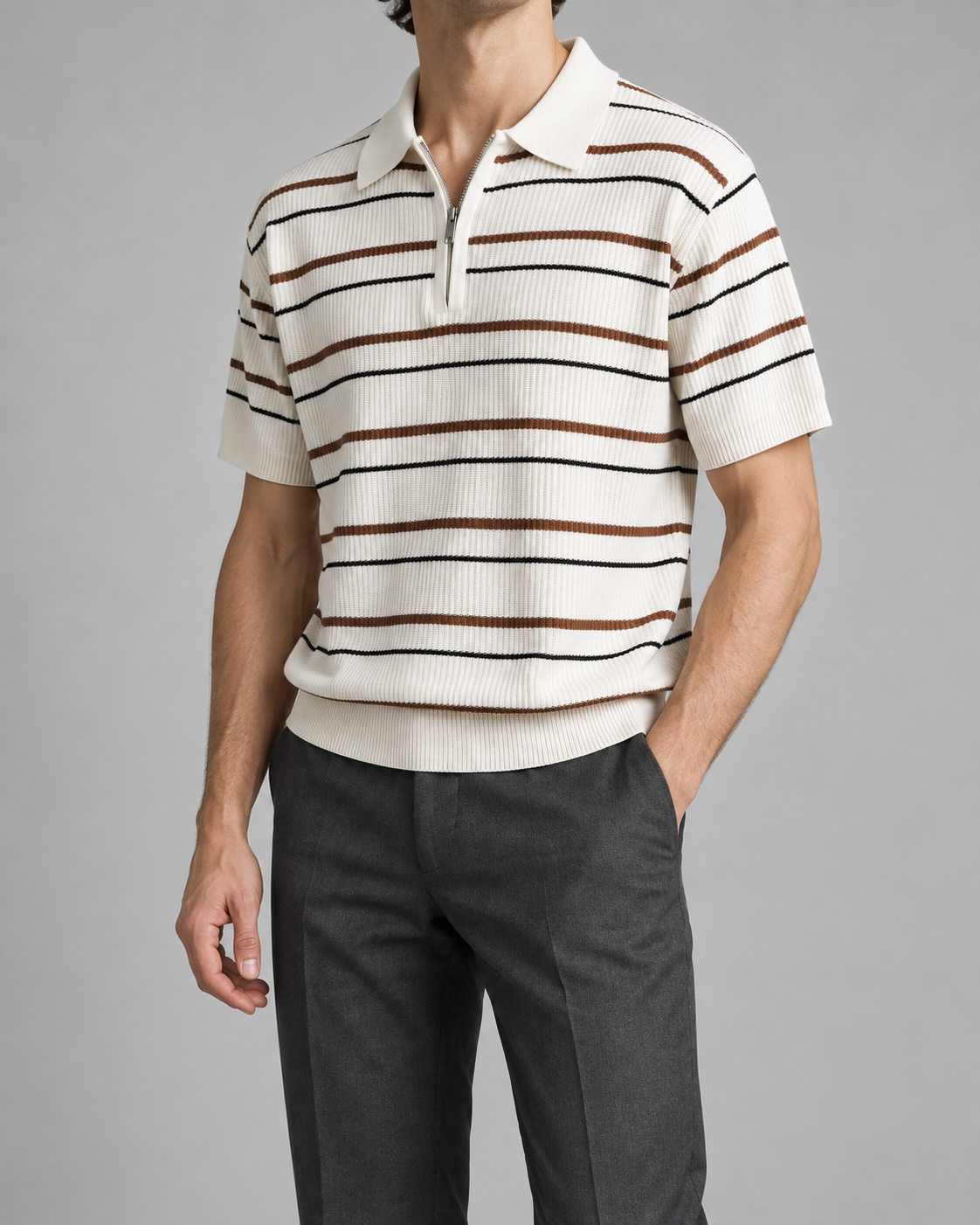 Men's Cooling Ribbed Stripe Half Zip Knit Polo